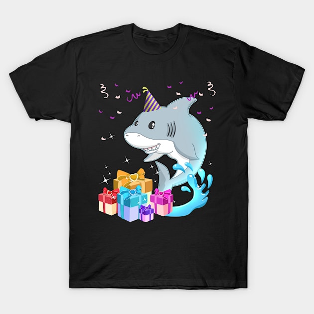 Funny Shark Cartoon With Birthday Hat Gift Idea T-Shirt by TheBeardComic